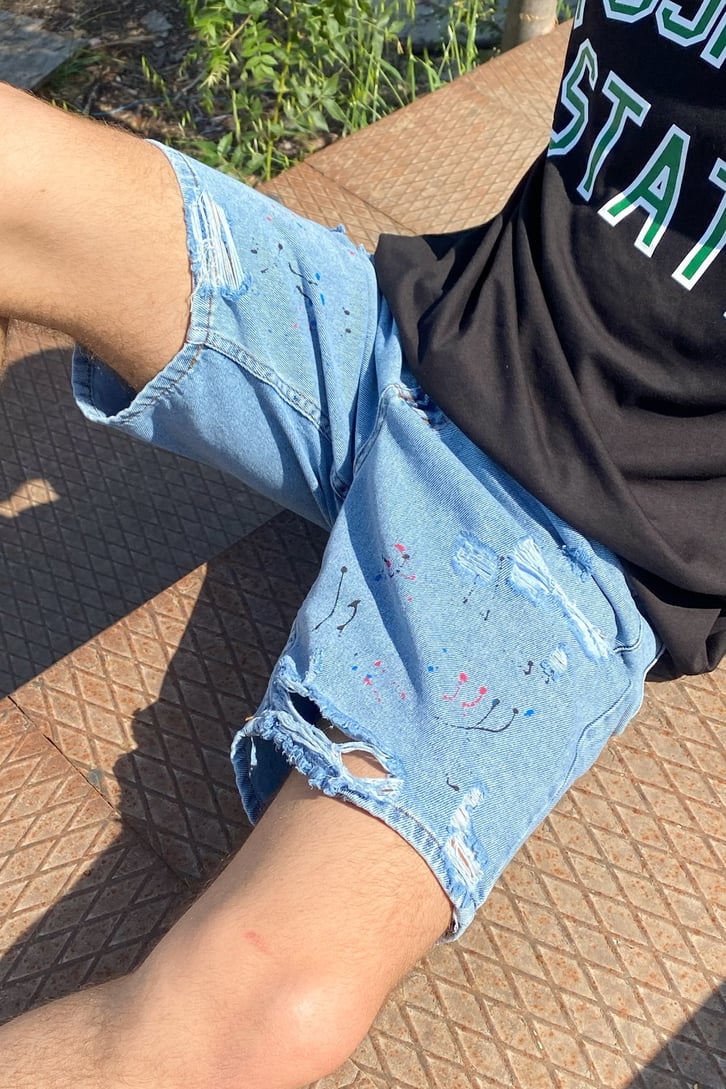 Distressed Paint Splash Buz Mavisi Kot Şort