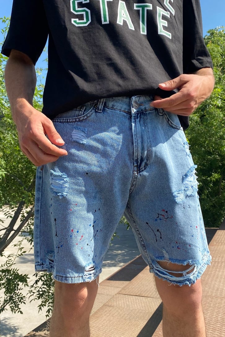 Distressed Paint Splash Buz Mavisi Kot Şort