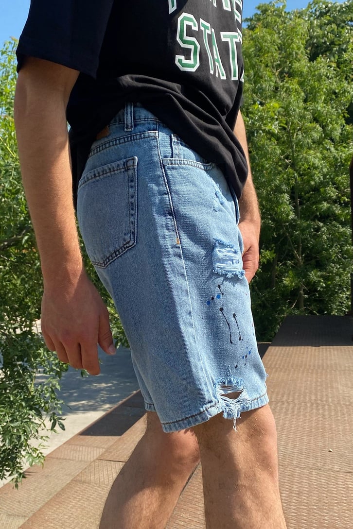 Distressed Paint Splash Buz Mavisi Kot Şort