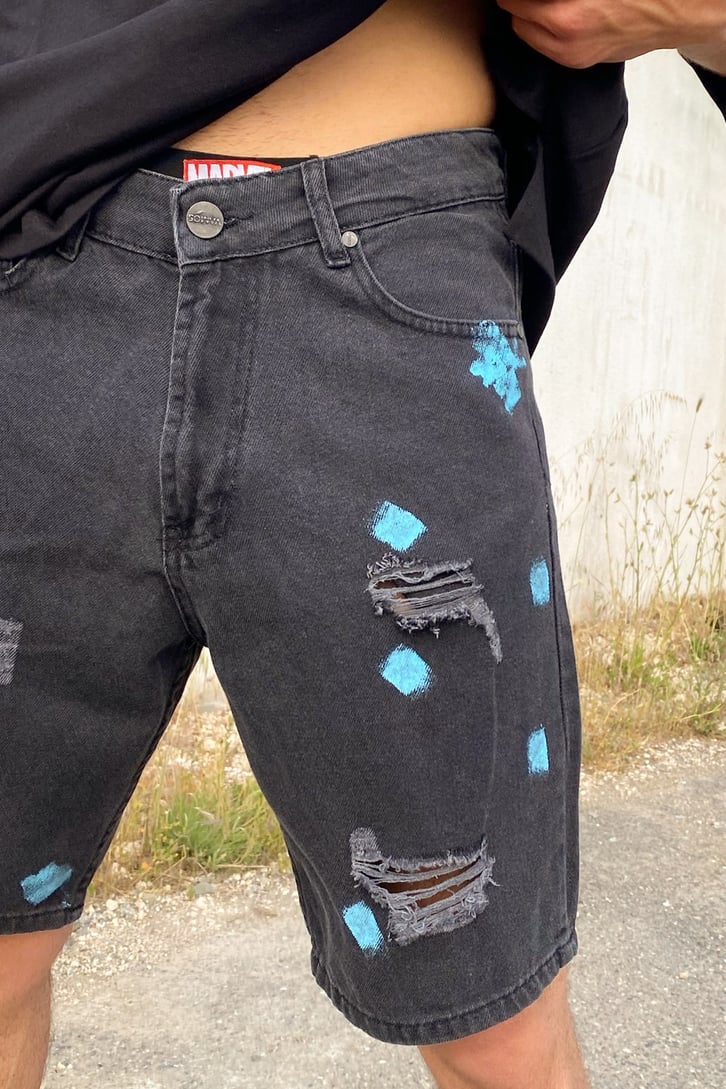 Distressed Painted Antrasit Kot Şort