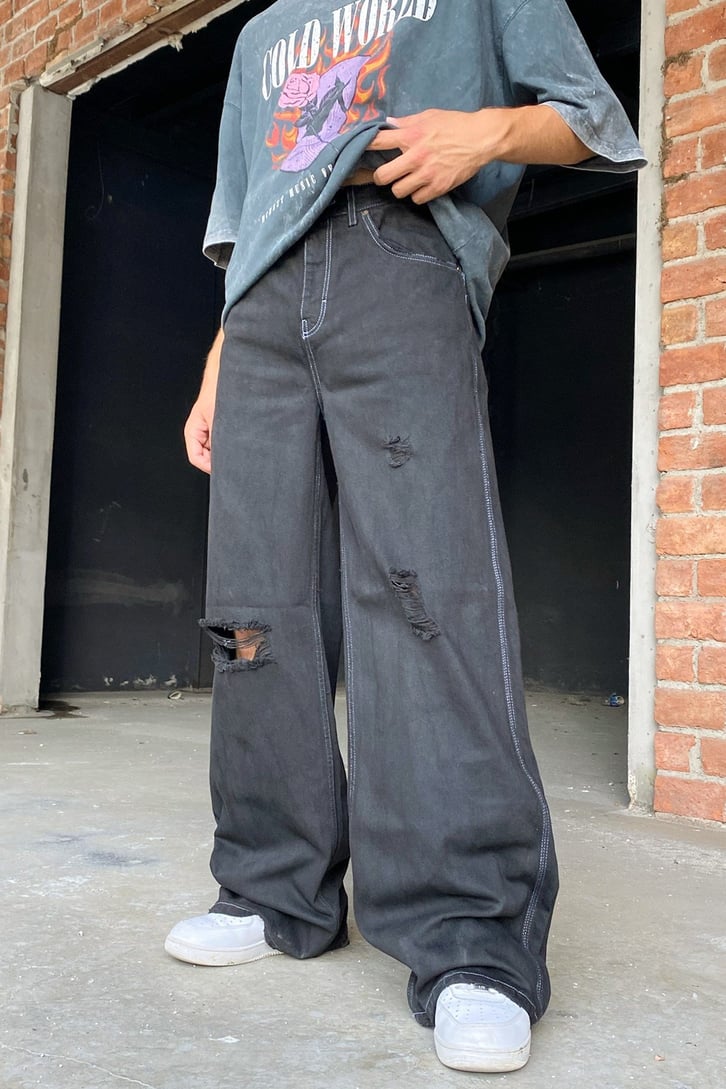 Distressed Siyah Baggy Jean