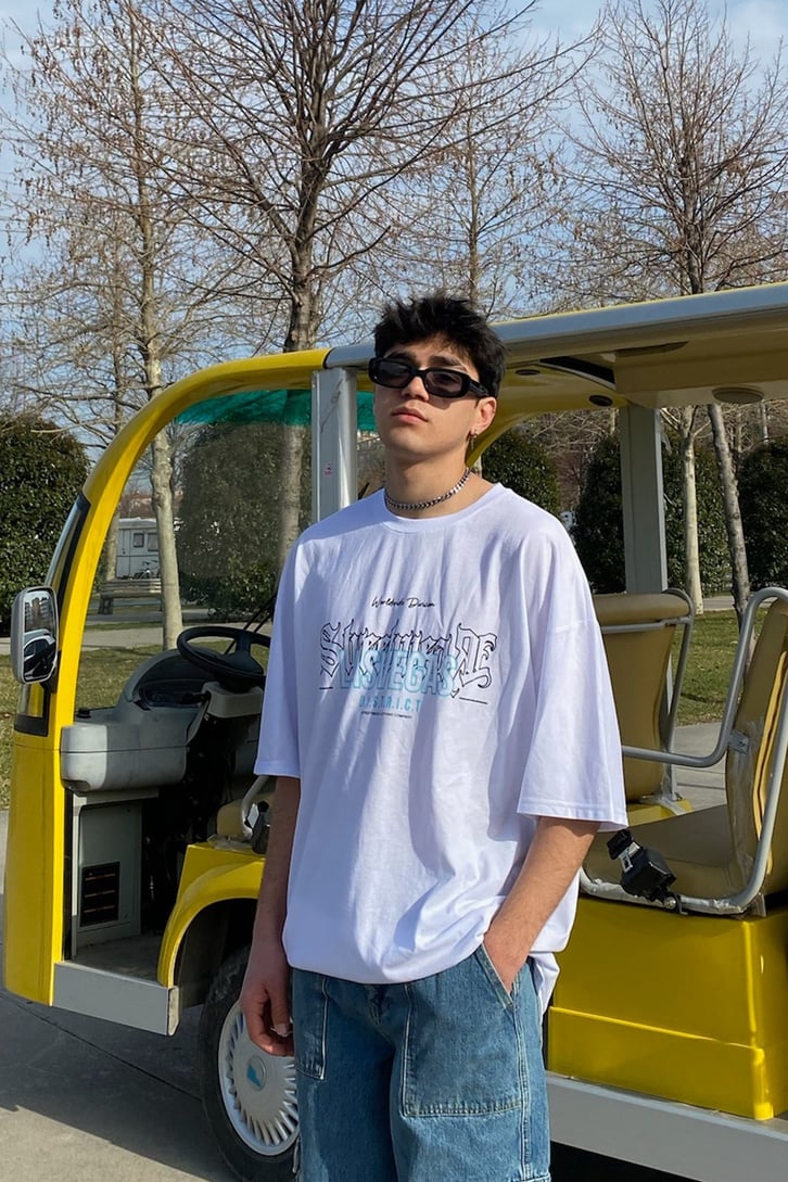District Country Printed Oversize Beyaz Tshirt