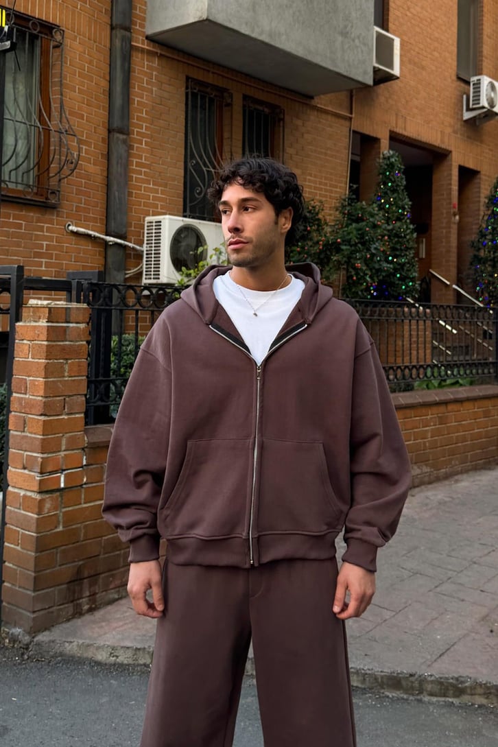 Diyagonal Premium Kumaş Basic Zip Hoodie
