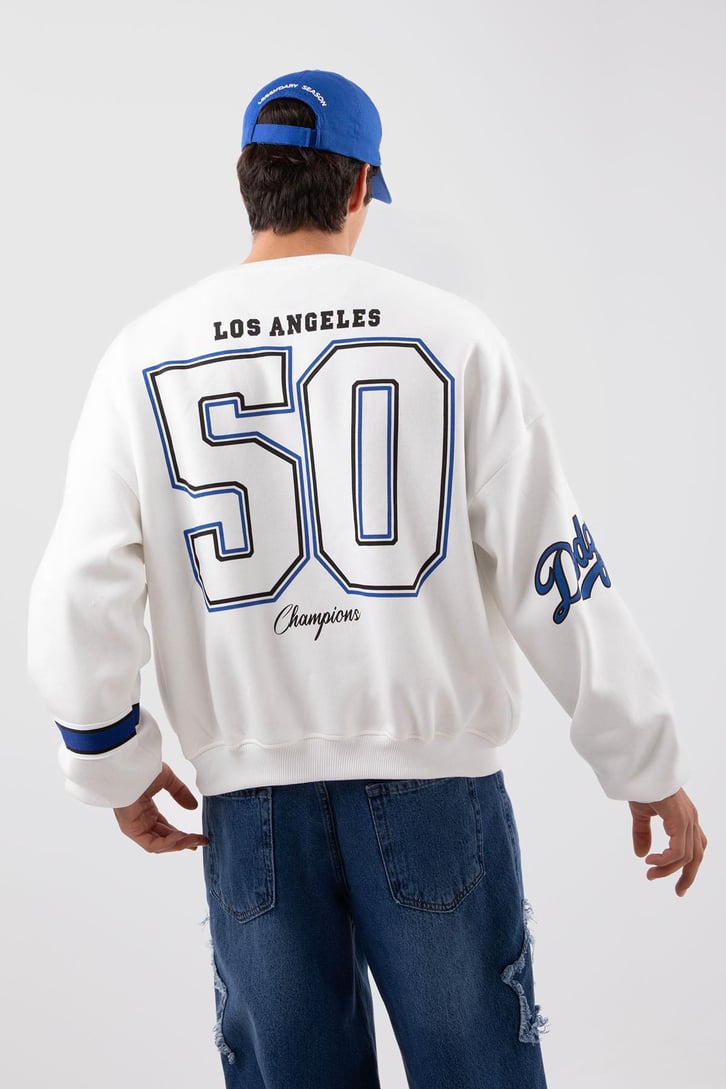 Dodgers Baskılı Beyaz Oversize Sweatshirt