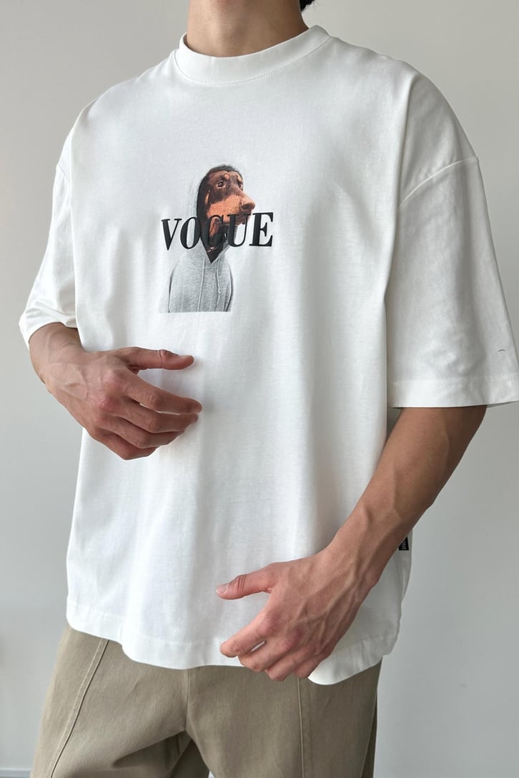 Dog Baskılı Beyaz Oversize Tişört