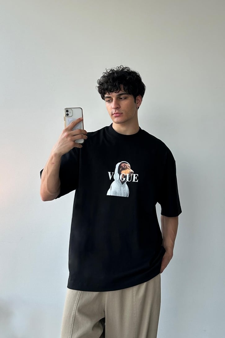 Dog Baskılı Siyah Oversize Tişört