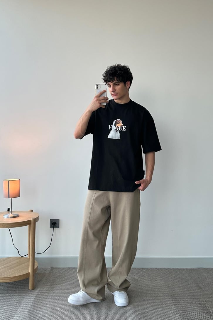 Dog Baskılı Siyah Oversize Tişört