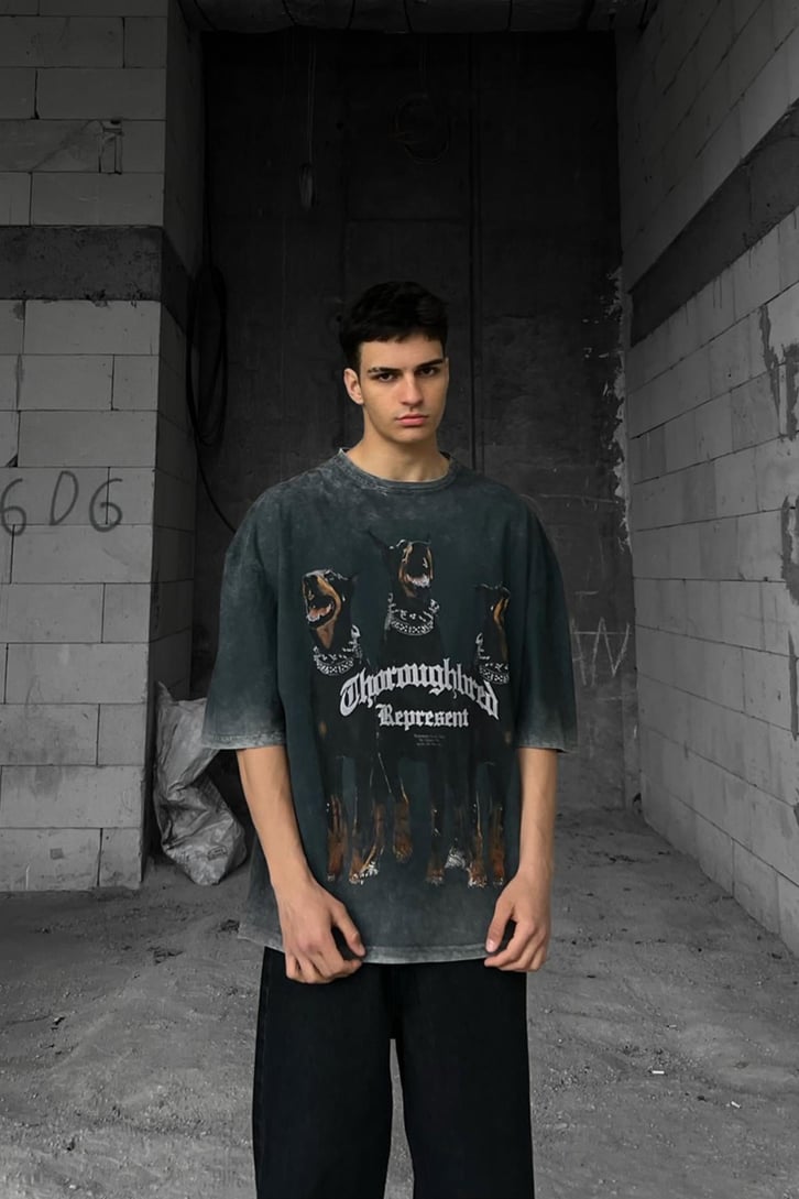 Dog Printed Acid Wash Oversize Tshirt