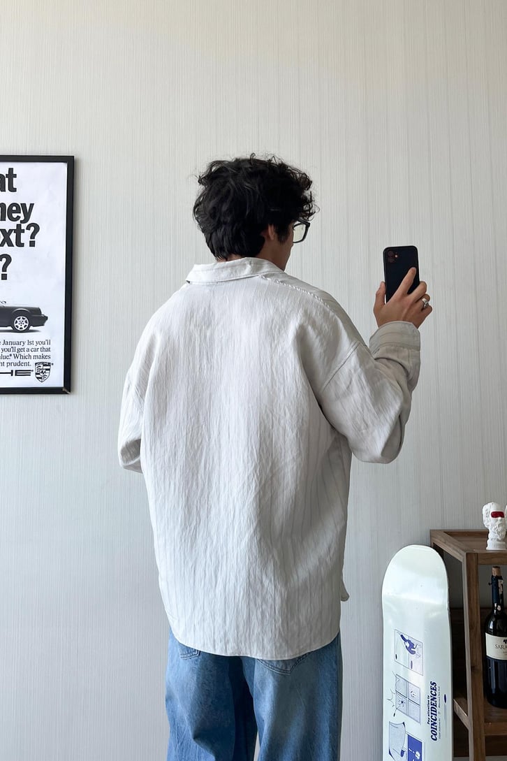 Dökümlü Çift Çizgili Uzun Kol Oversize Gömlek