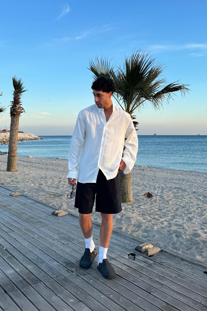 Dökümlü Çizgili Uzun Kol Oversize Gömlek