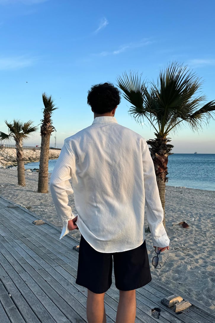 Dökümlü Çizgili Uzun Kol Oversize Gömlek