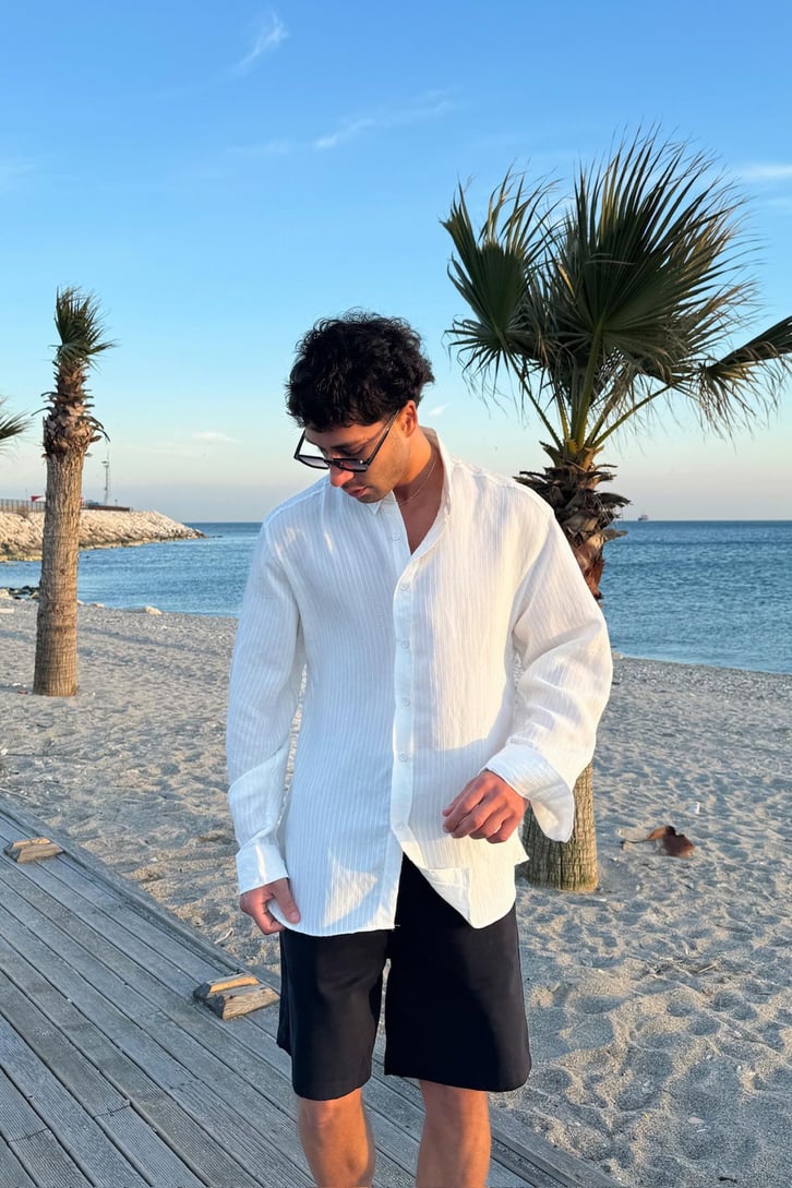 Dökümlü Çizgili Uzun Kol Oversize Gömlek