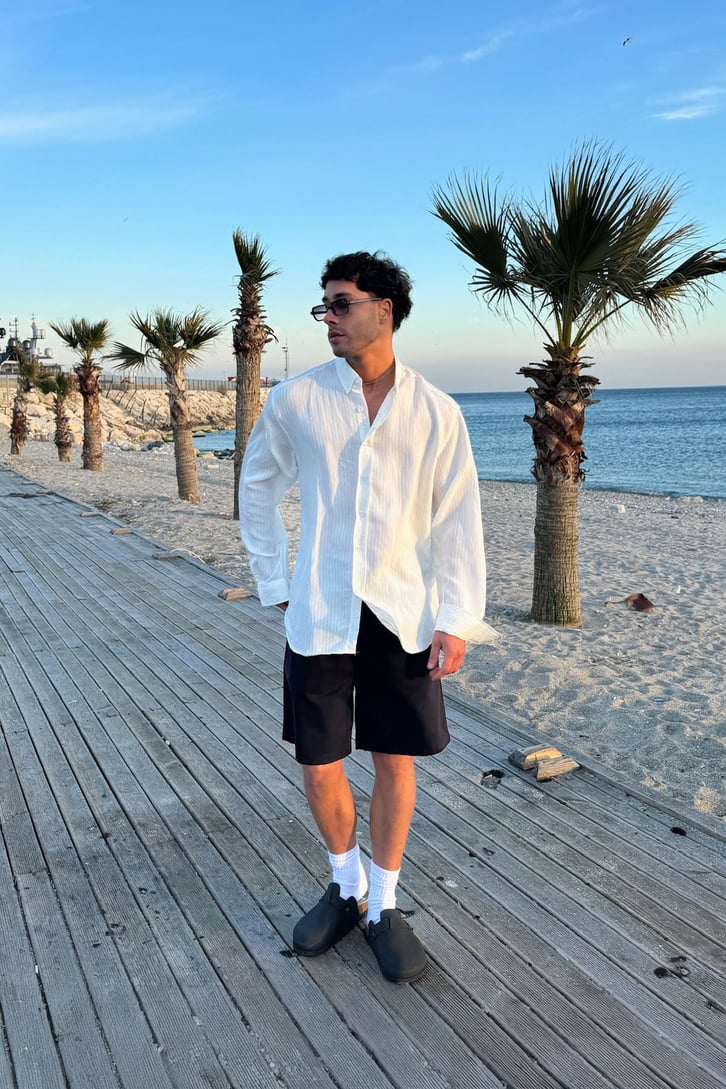 Dökümlü Çizgili Uzun Kol Oversize Gömlek