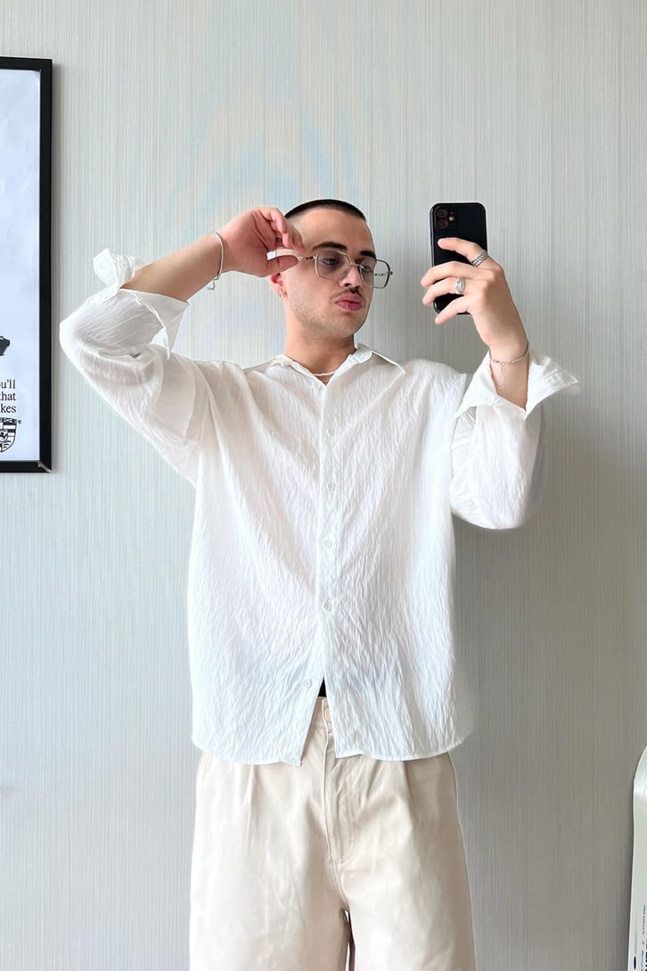 Dökümlü Dokulu Uzun Kol Oversize Gömlek