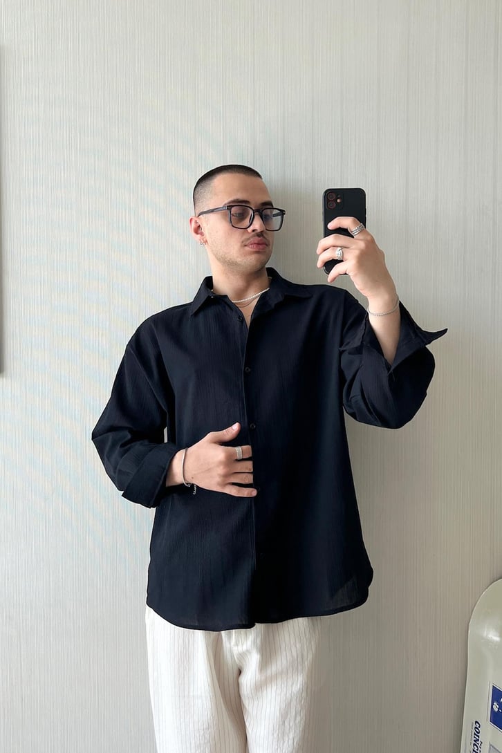 Dökümlü Uzun Kol Oversize Gömlek