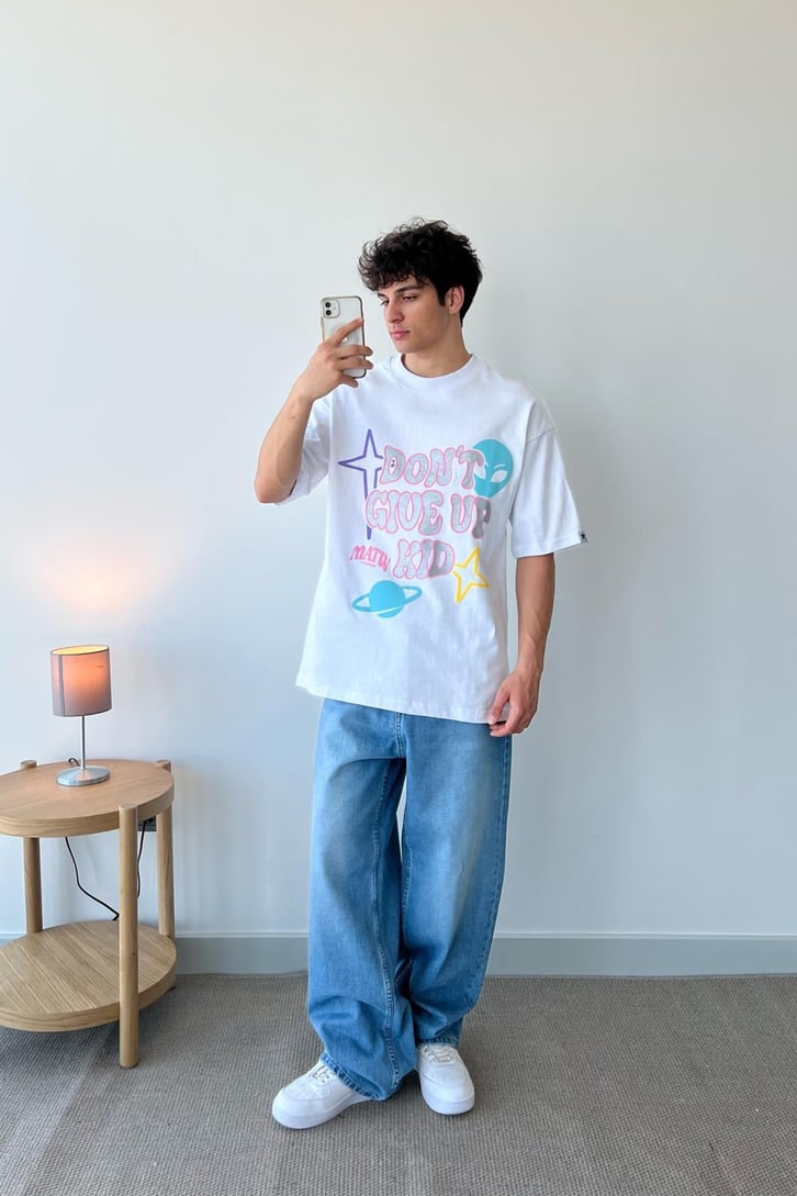 Dont Give Up Baskılı Beyaz Oversize Tişört
