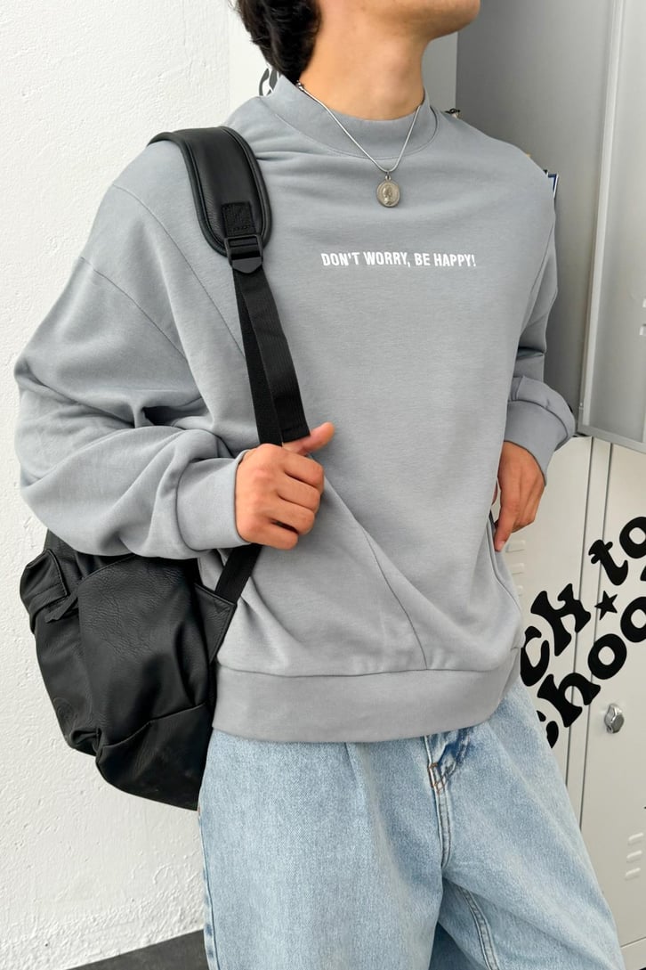Don't Worry, Be Happy Nakışlı Oversize Sweatshirt