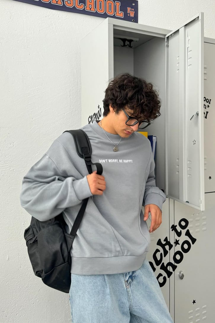 Don't Worry, Be Happy Nakışlı Oversize Sweatshirt