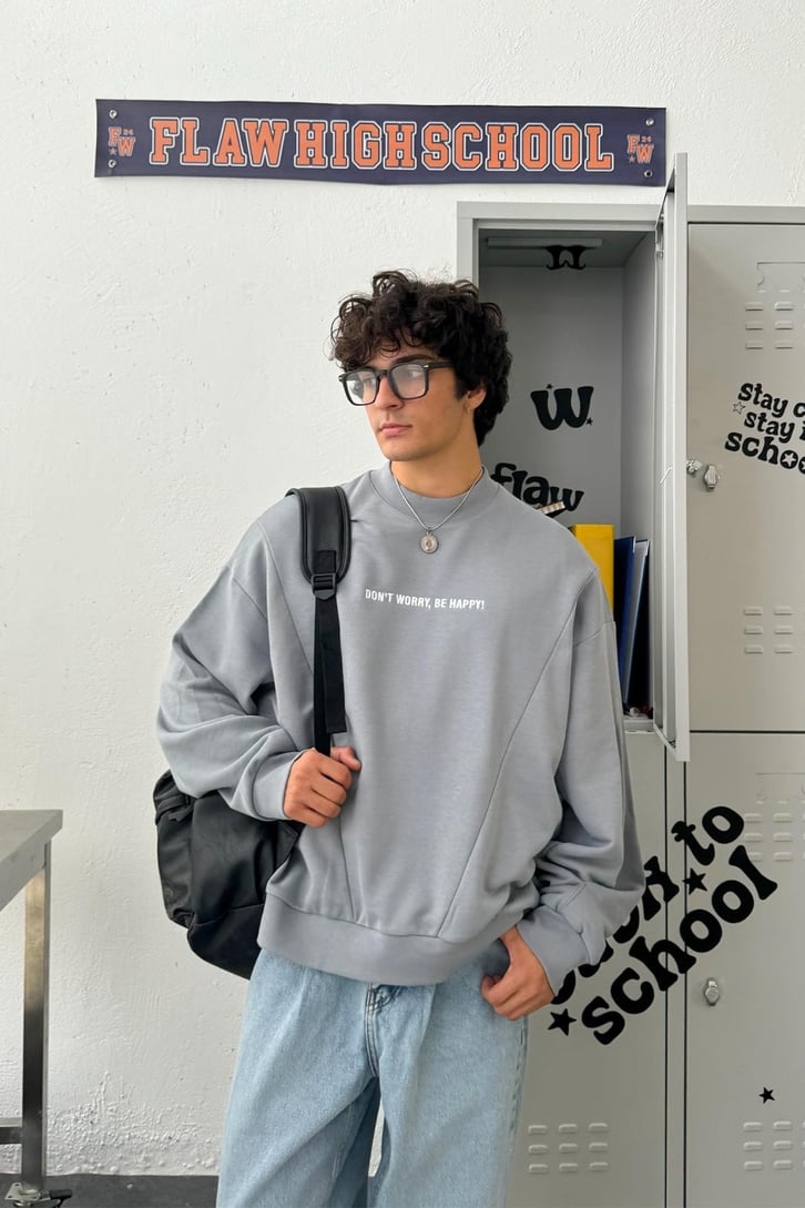Don't Worry, Be Happy Nakışlı Oversize Sweatshirt