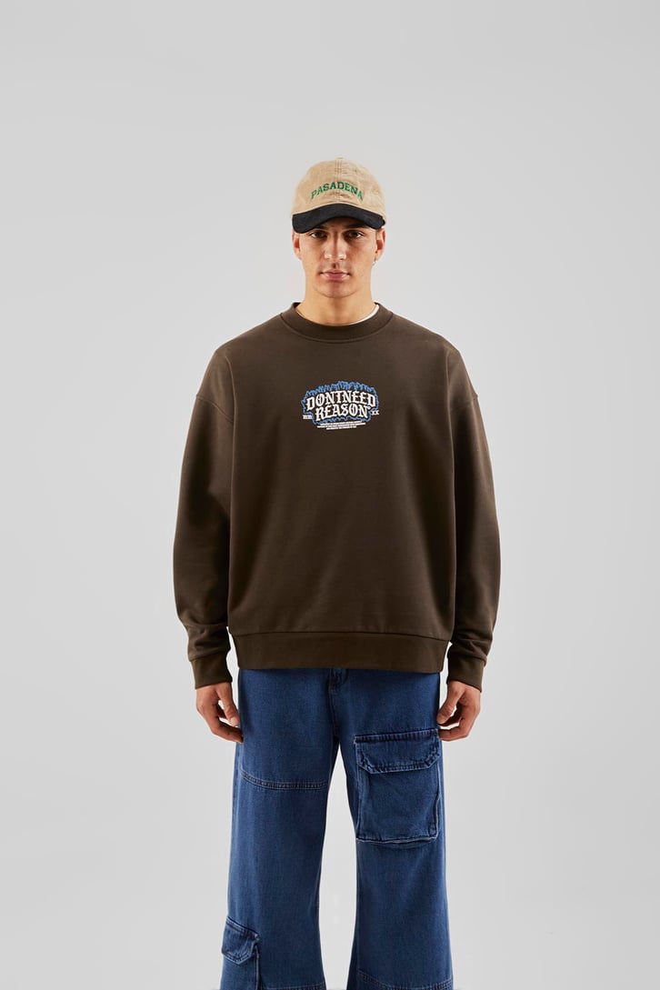 Dontneed Reason Baskılı Kahverengi Oversize Sweathirt