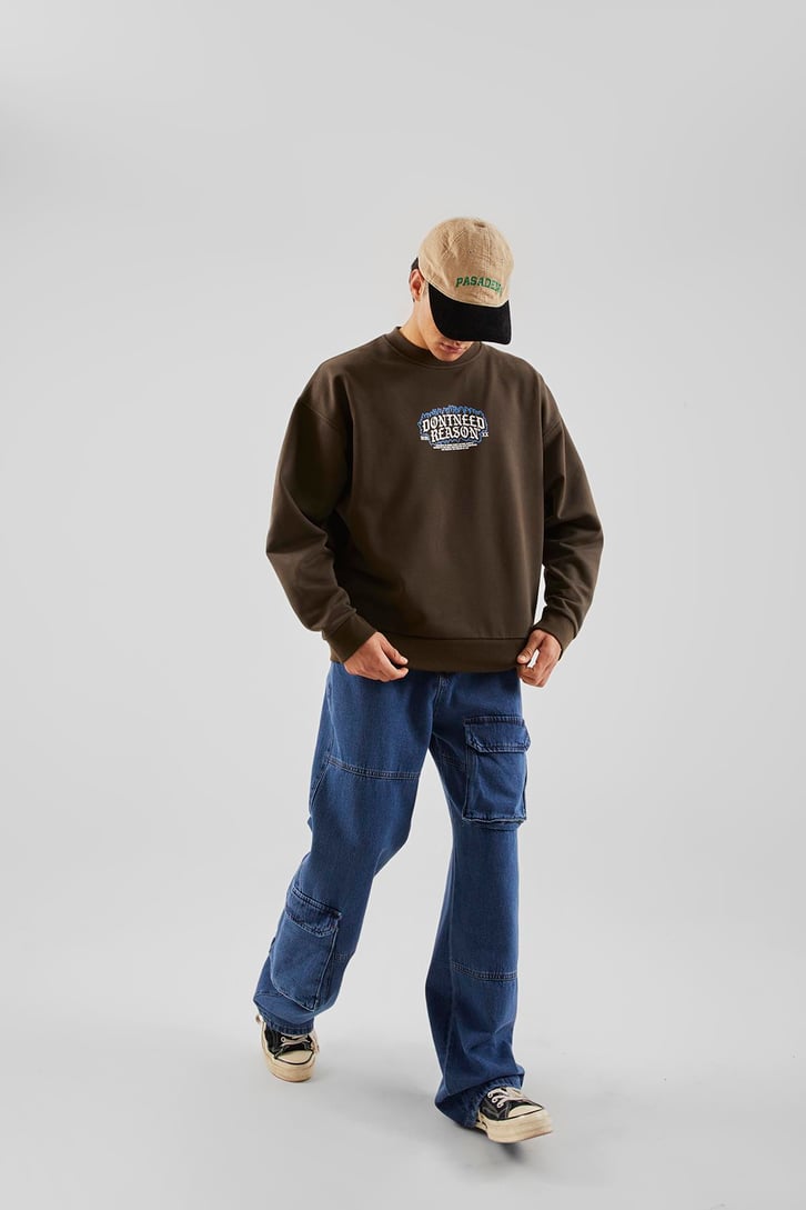 Dontneed Reason Baskılı Kahverengi Oversize Sweathirt