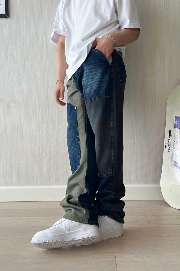Double Color Patch Koyu Mavi Jean