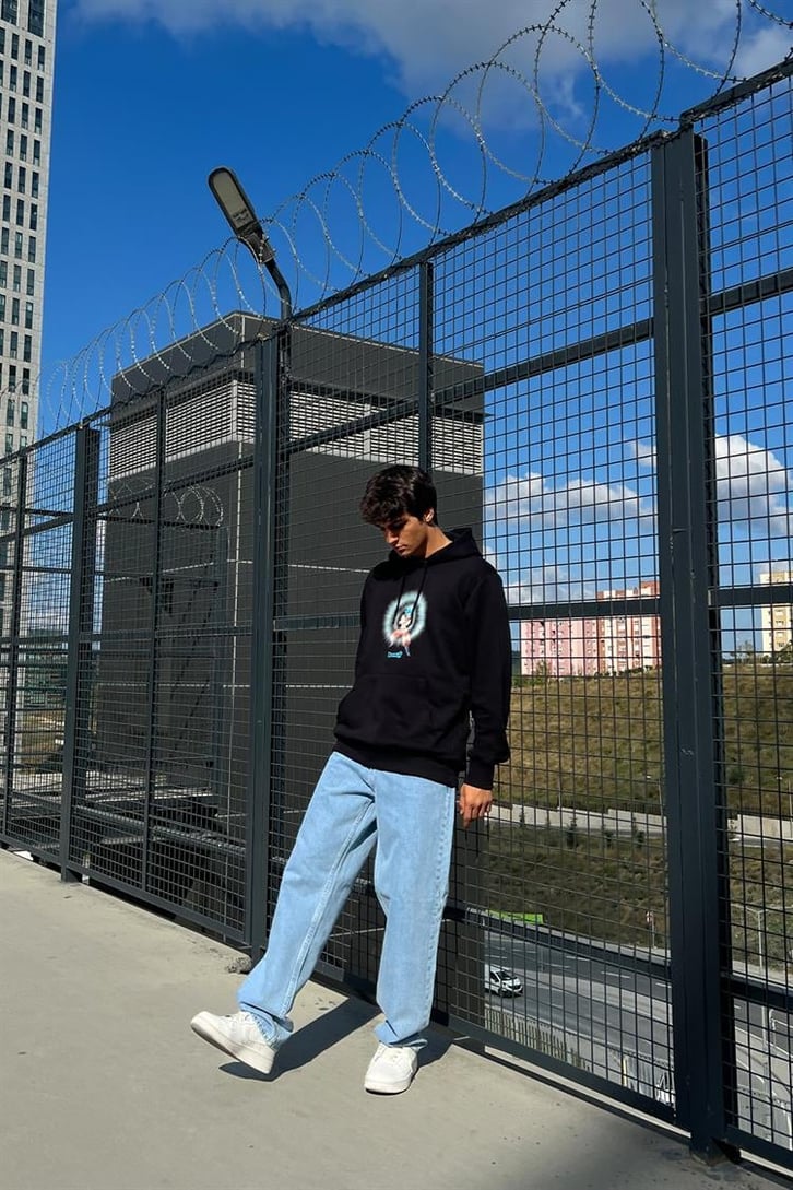 Dragon B. Super Baskılı Siyah İçi Pamuklu Oversize Hoodie