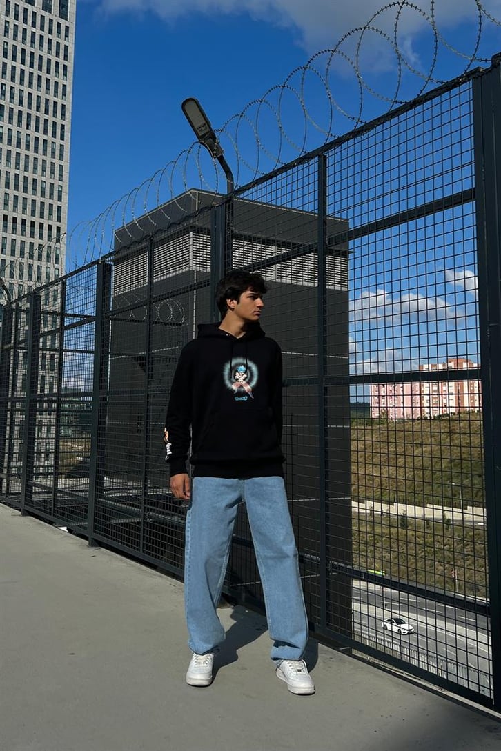 Dragon B. Super Baskılı Siyah İçi Pamuklu Oversize Hoodie