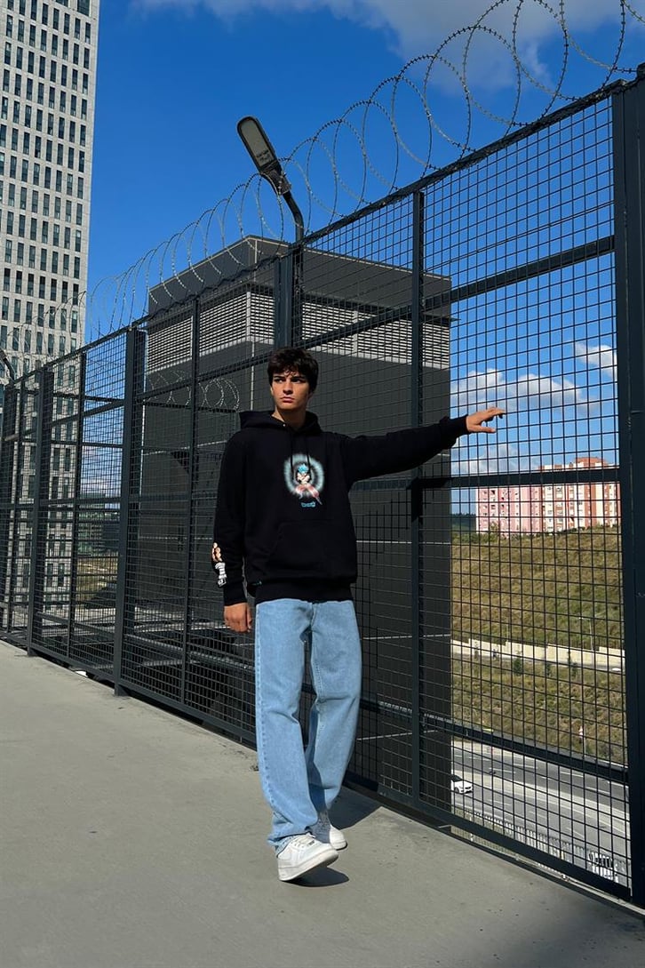 Dragon B. Super Baskılı Siyah İçi Pamuklu Oversize Hoodie