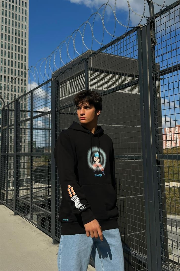 Dragon B. Super Baskılı Siyah İçi Pamuklu Oversize Hoodie