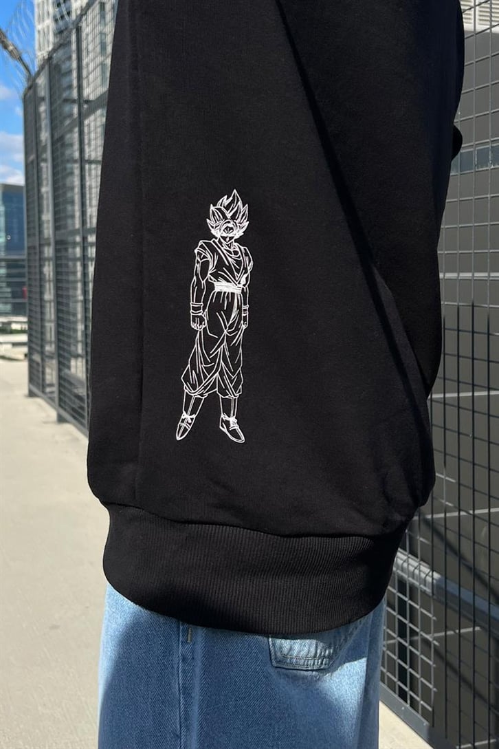 Dragon B. Super Baskılı Siyah İçi Pamuklu Oversize Hoodie