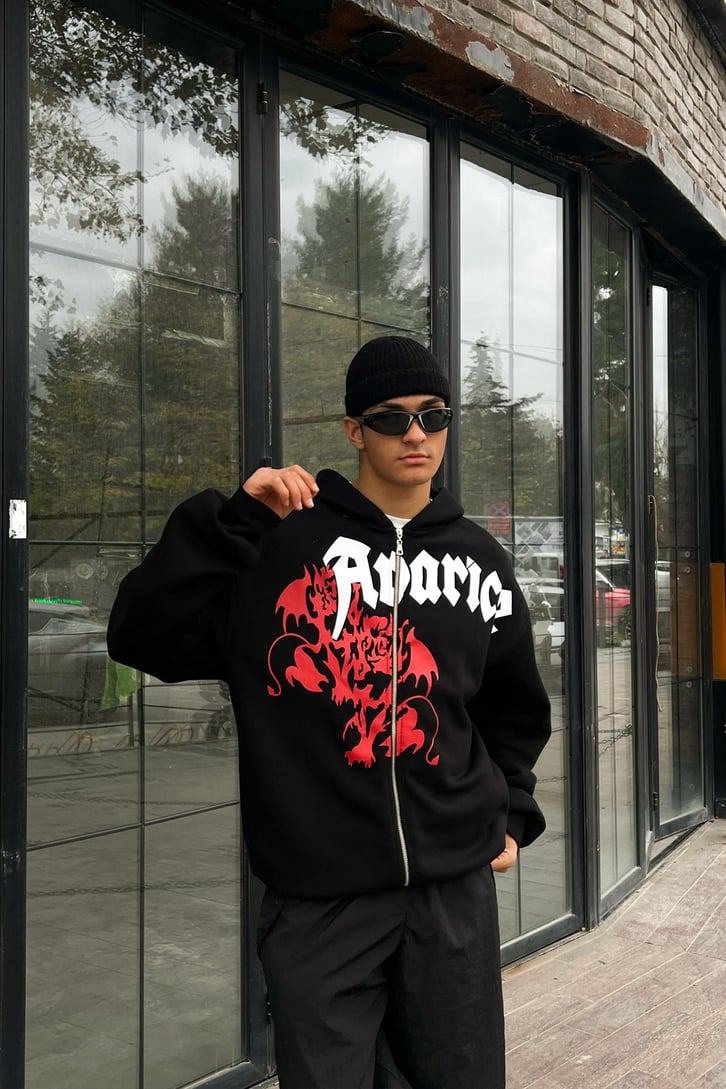 Dragon Baskılı Siyah Zipper Hoodie