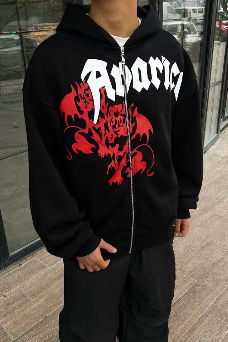 Dragon Baskılı Siyah Zipper Hoodie