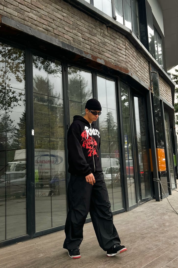 Dragon Baskılı Siyah Zipper Hoodie