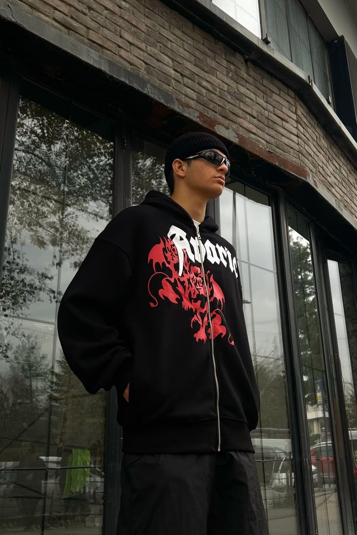 Dragon Baskılı Siyah Zipper Hoodie