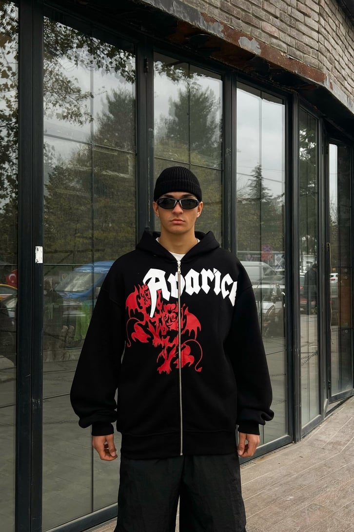Dragon Baskılı Siyah Zipper Hoodie