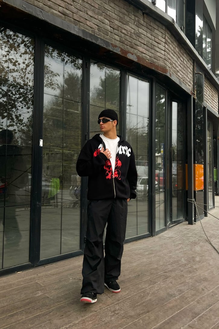Dragon Baskılı Siyah Zipper Hoodie