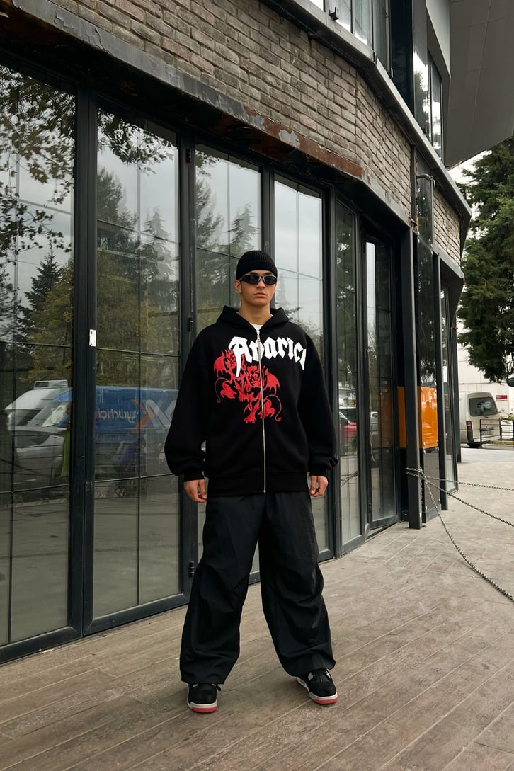 Dragon Baskılı Siyah Zipper Hoodie