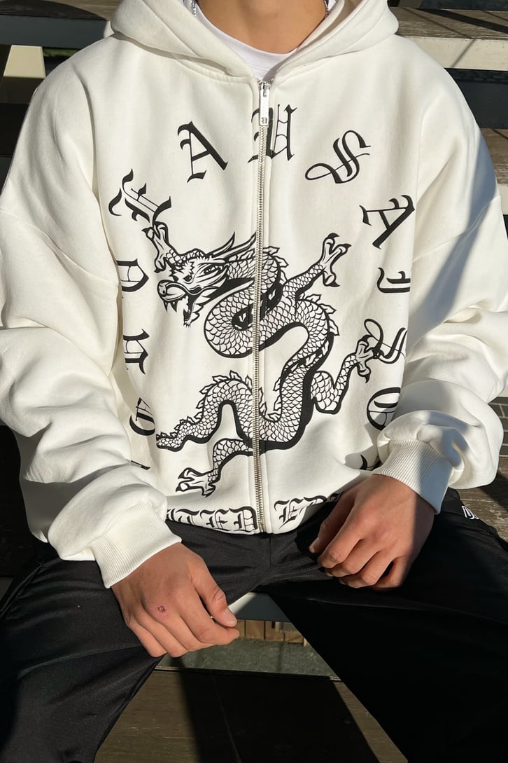 Dragon Baskılı Zipper Ekru Hoodie