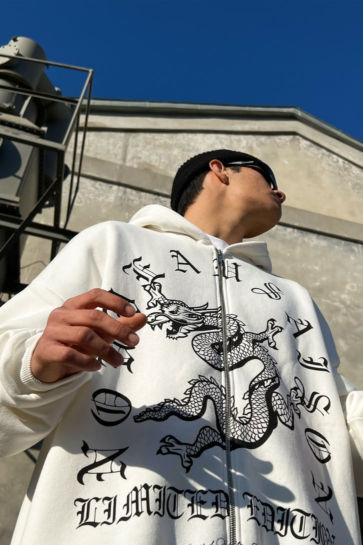 Dragon Baskılı Zipper Ekru Hoodie