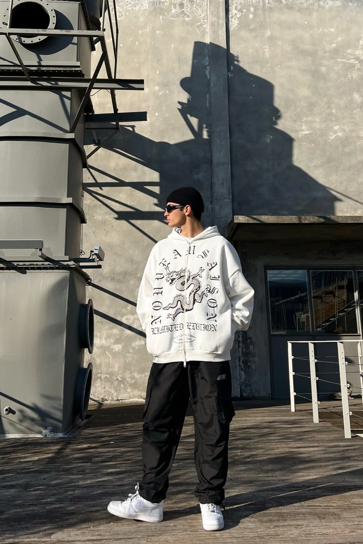 Dragon Baskılı Zipper Ekru Hoodie