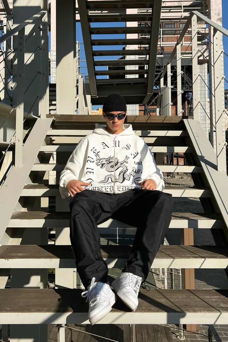 Dragon Baskılı Zipper Ekru Hoodie