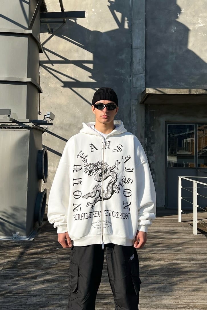 Dragon Baskılı Zipper Ekru Hoodie