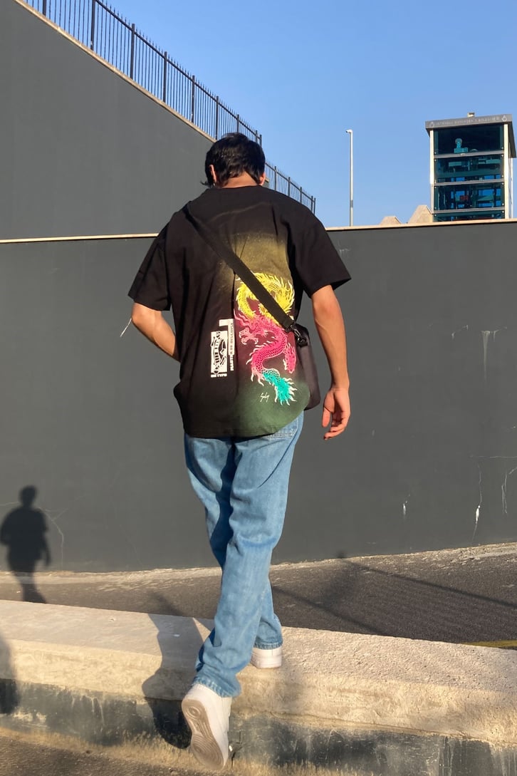 Dragon Mixed Colour Printed Oversize SiyahTshirt