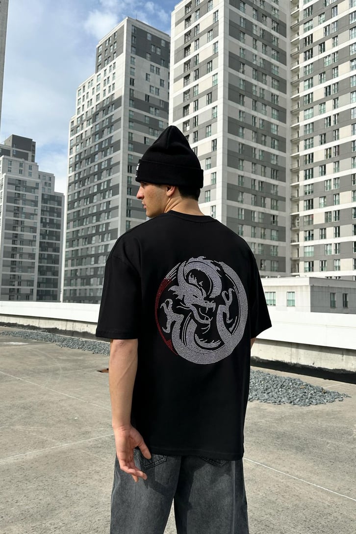 Dragon Taş İşlemeli Siyah Oversize Tişört