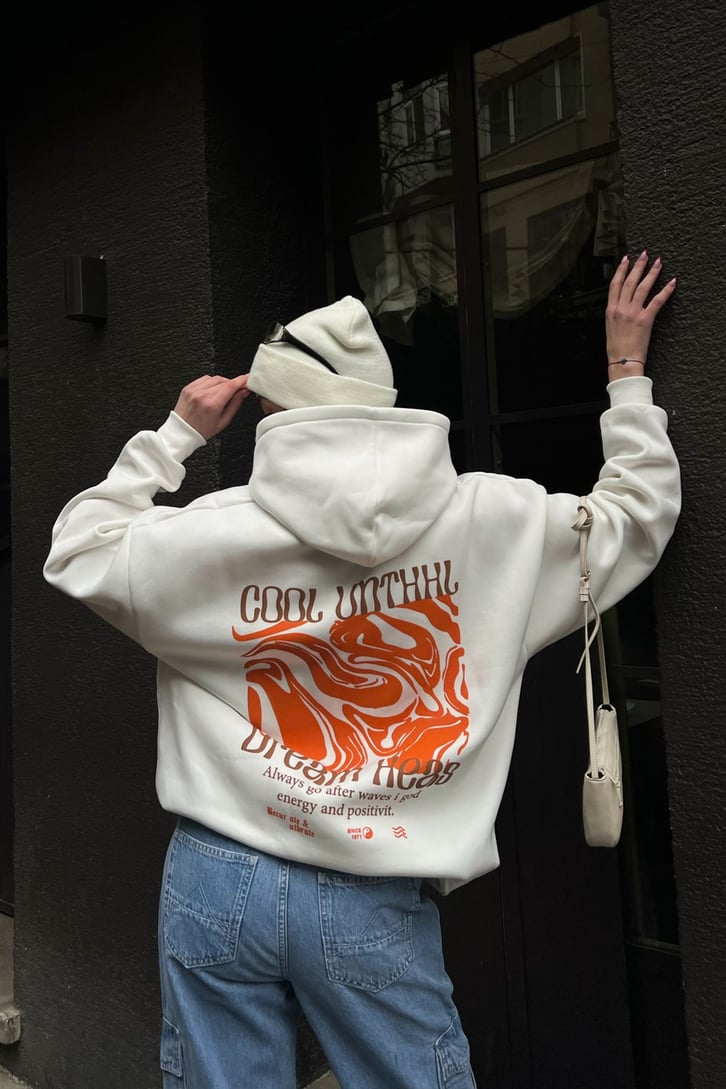 Dream Areas Baskılı Beyaz Oversize Hoodie