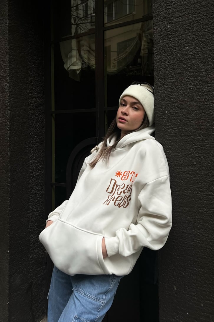 Dream Areas Baskılı Beyaz Oversize Hoodie