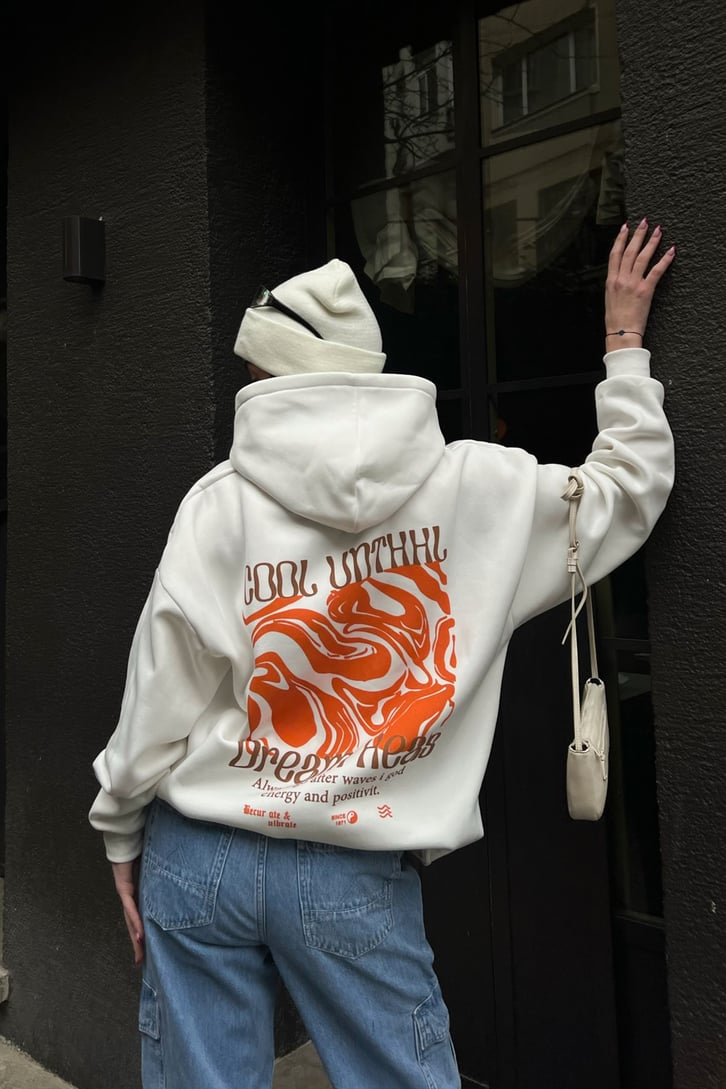 Dream Areas Baskılı Beyaz Oversize Hoodie