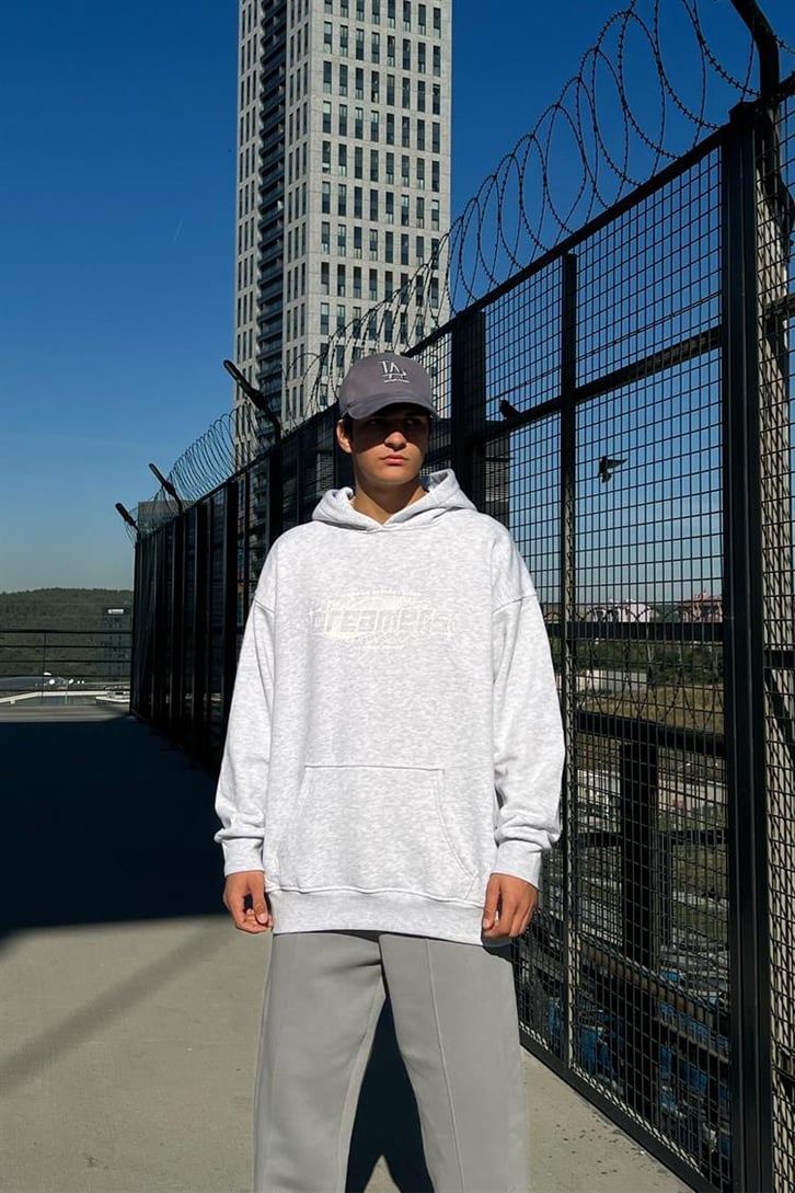 Dreamers Baskılı Gri Oversize Hoodie
