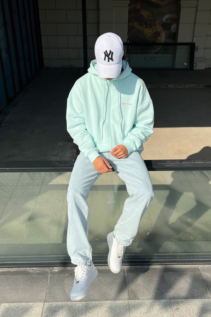 DSGN Baskılı Su Yeşili Fermuarlı Sweatshirt